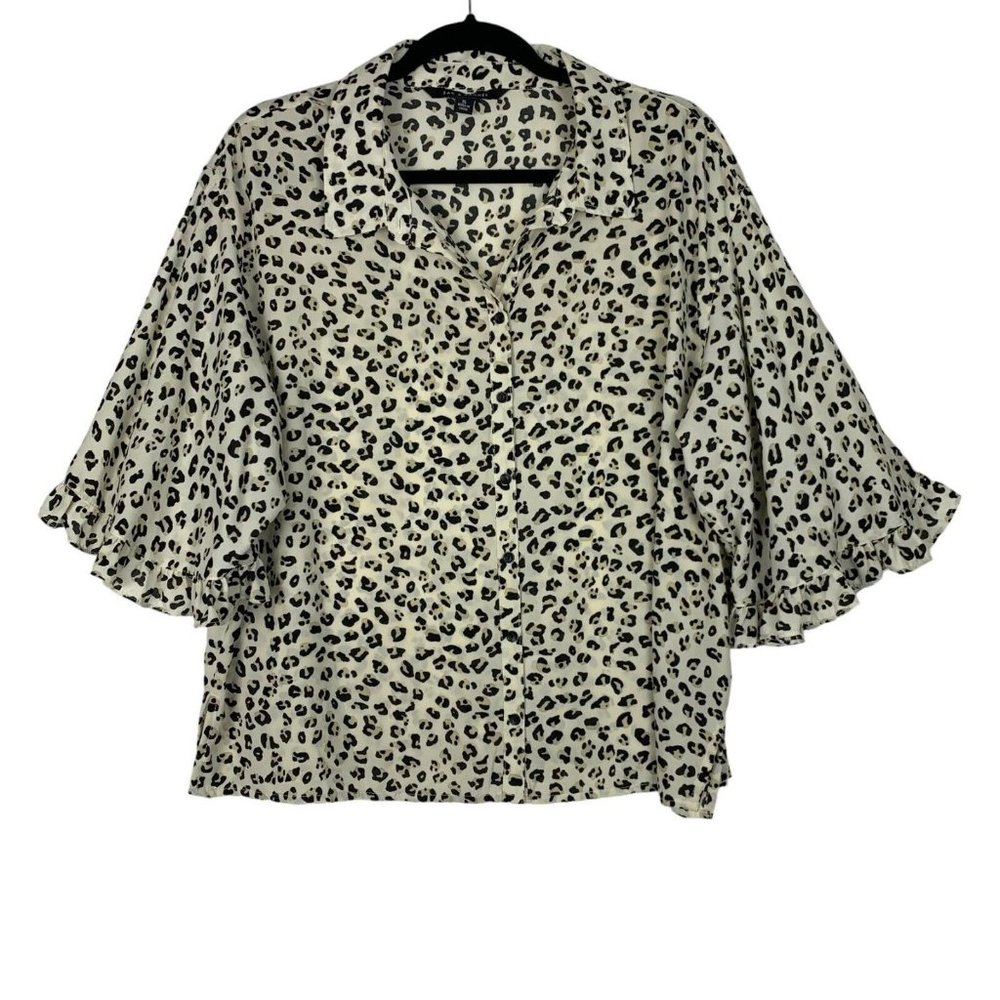 Zac & Rachel Animal Print Button Up Blouse Cheetah Leopard Ruffle Bell Sleeve XL